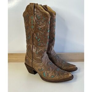 Corral Boots Cowgirl Snip Toe Leather Brown Turquoise Inlay  / Women's 6 M